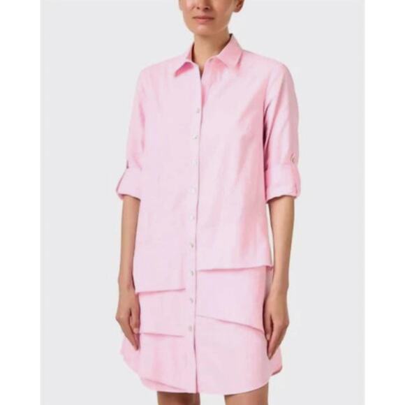 Finley Jenna Pale Pink 100% Linen Ruffle Shirt Dress Women's XS Roll Tab Sleeve - Picture 1 of 11